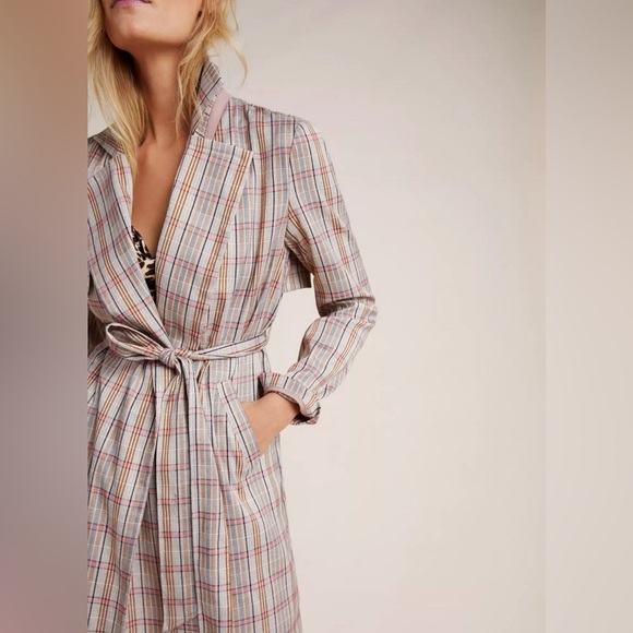 Anthropologie Plaid Belted Lightweight Summer Trench Coat Size M Neutral Motif - Picture 5 of 15